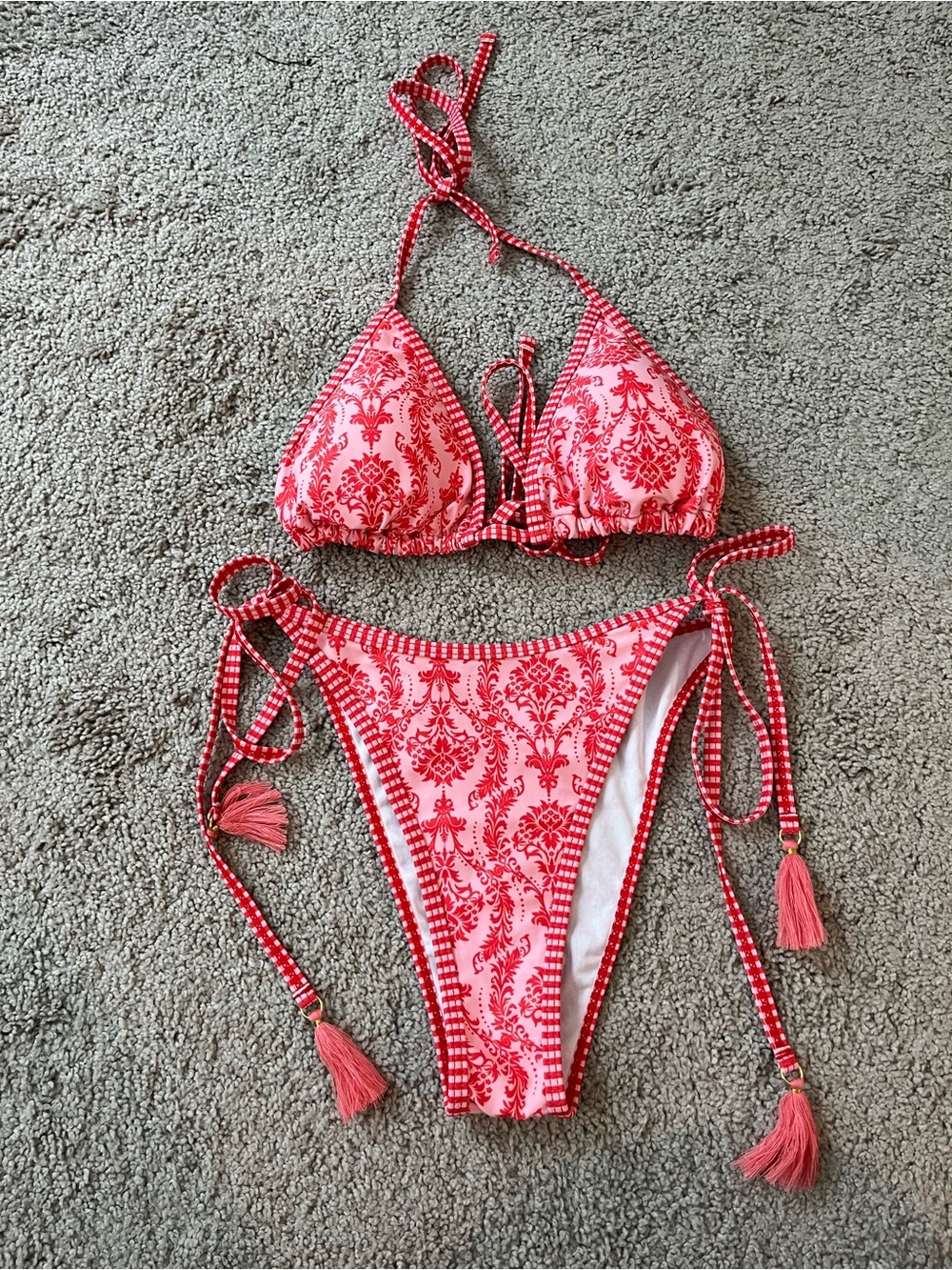 Pink Tie-Side Bikini Set with Tassel Accents